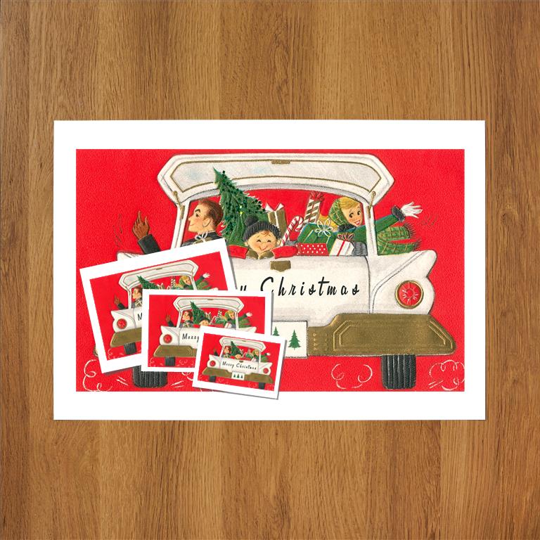 Suburban Family in Station Wagon Vintage Image, Merry Christmas