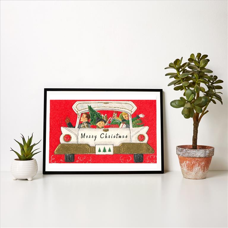 メリー・クリスマス。 Suburban Family in Station Wagon Vintage Image, Merry Christmas 絵画